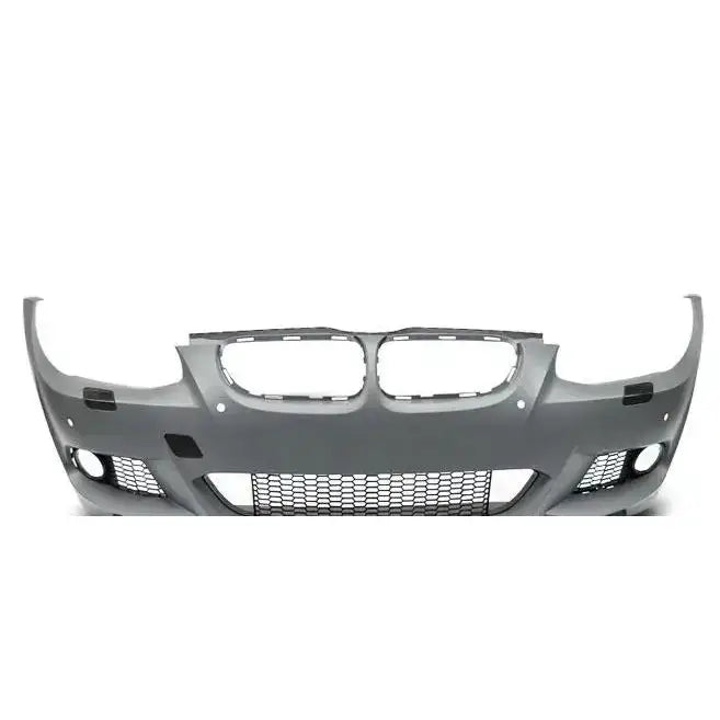 Front bumper til BMW E92/E93 LCI M-Tech PDC, grå plast med store åpninger og gitterdetaljer nederst.