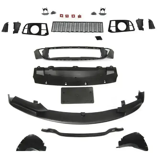 Frontbumper sett til BMW F10/F11 LCI 13-16 M-Performance PDC, sorte plastdeler med gitter og paneler.
