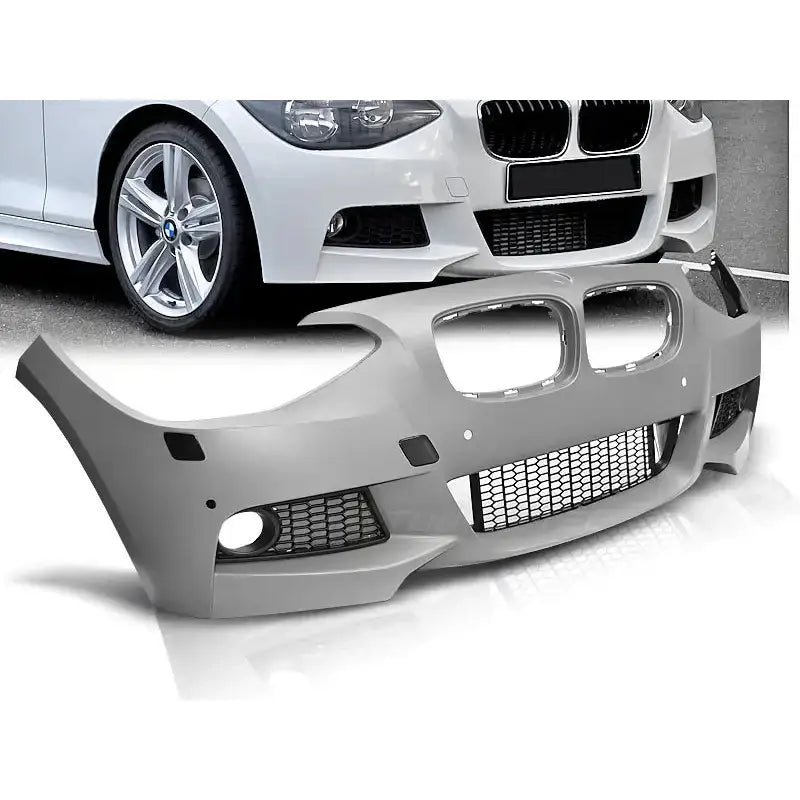 Støtfanger foran til BMW F20 F21 M-Tech PDC i grå plast med store luftinntak og sort netting.