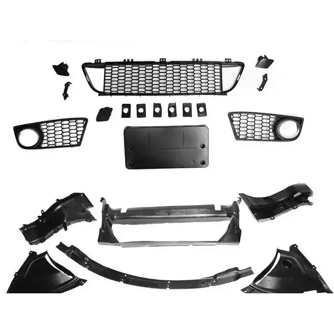 Front bumper komplett sett til BMW F20/F21 M-Tech PDC, svarte plastdeler med grill og luftinntak.