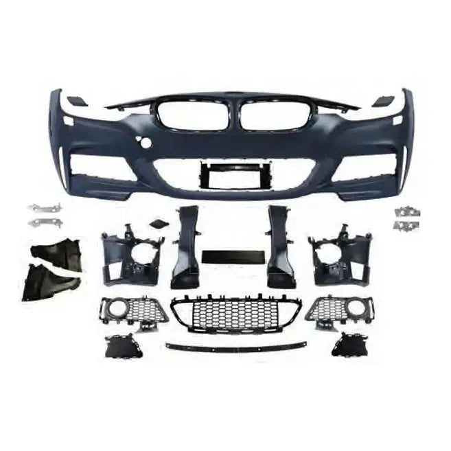 Front bumper komplett sett til BMW F30 F31 M-Pack med grill og luftinntak, avbildet ovenfra.