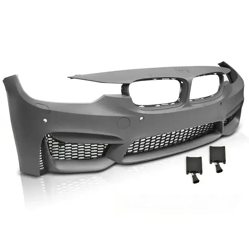 Støtfanger foran BMW F30/F31 M3 Style PDC i matt grå plast med gittermønster og to løse deksler.