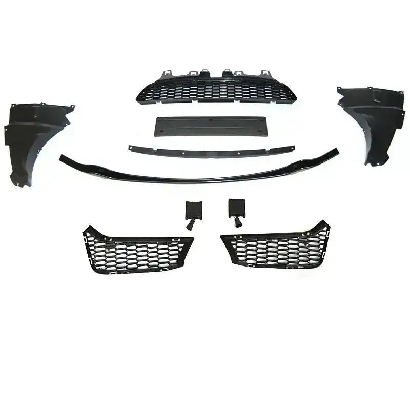 Frontbumper komplett sett til BMW F30/F31 M3 Style med sorte bikubemønstrede plastdeler sett ovenfra.