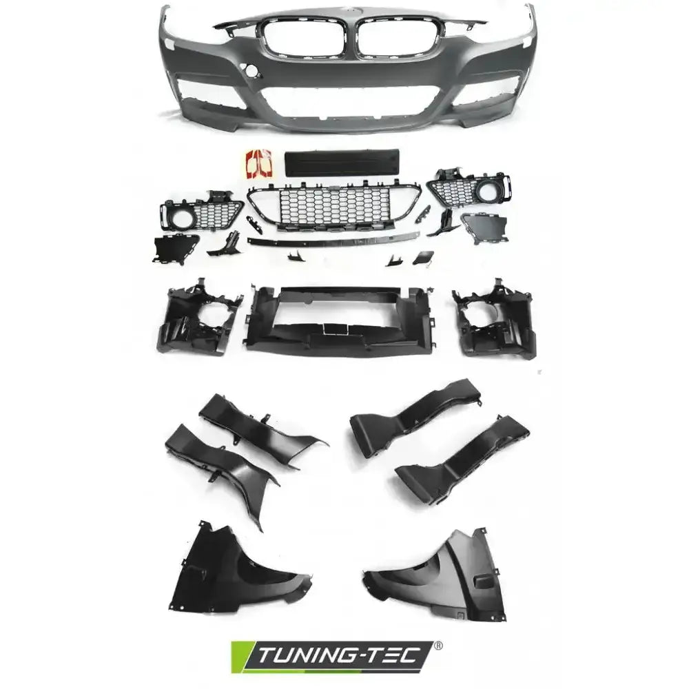 Frontbumper sett til BMW F30 F31 Sport Style, svarte og grå plastdeler sett ovenfra.