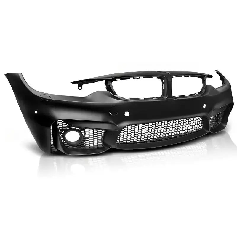 Frontfanger til BMW F32/F33/F36 M4 Style i sort plast med store luftinntak og gitterdetaljer.