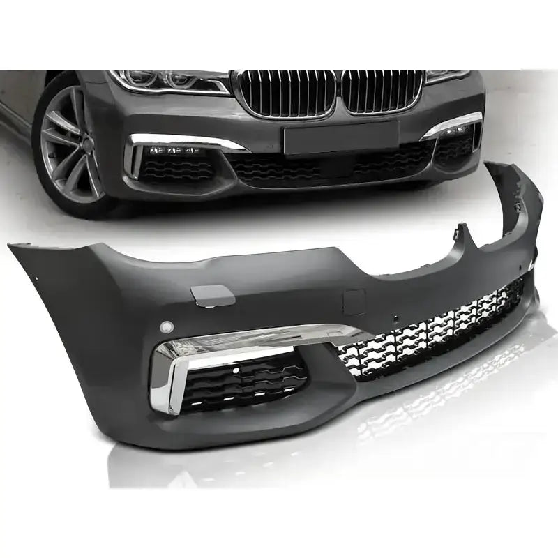 Støtfanger foran BMW G11/G12 M-Tech Style PDC sort med kromdetaljer og gitter, vist fra skrå vinkel.