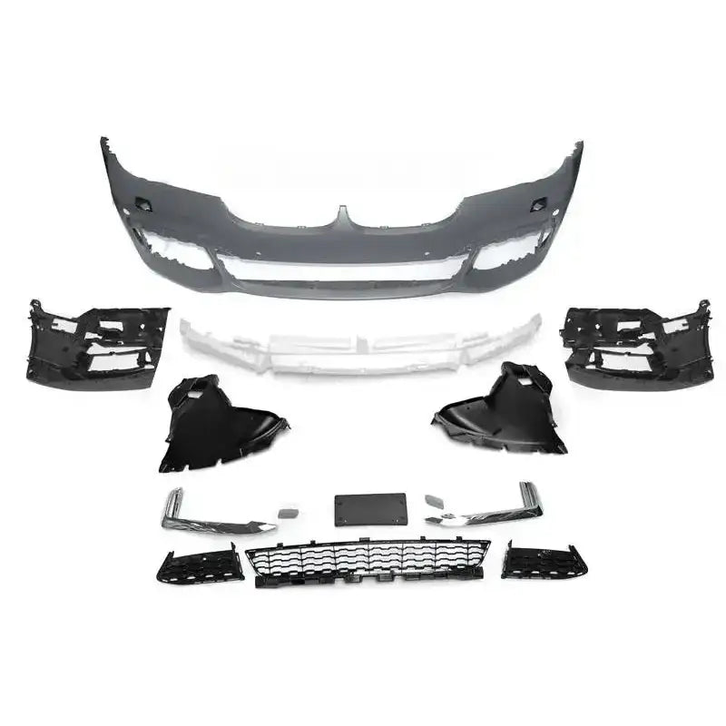 Støtfanger foran Bmw G11/G12 15- M-Tech Style PDC komplett sett i sort og grå plast mot hvit bakgrunn.