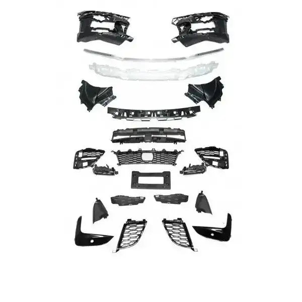 Front bumper deler til Bmw G20/G21 M-Tech PDC ACC, sort og hvit plast og metall, sett ovenfra.