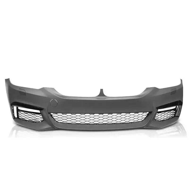 Front bumper til BMW G30 G31 17- M-Tech Style, mørk grå med store luftinntak og sølv nettingrister.