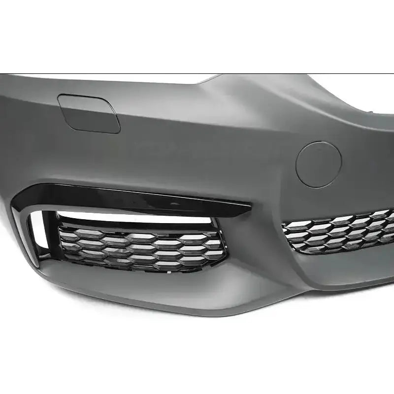 Frontbumper til BMW G30 G31 M-Tech Style i matt grå plast med sorte detaljer og bikubemønstret grill.