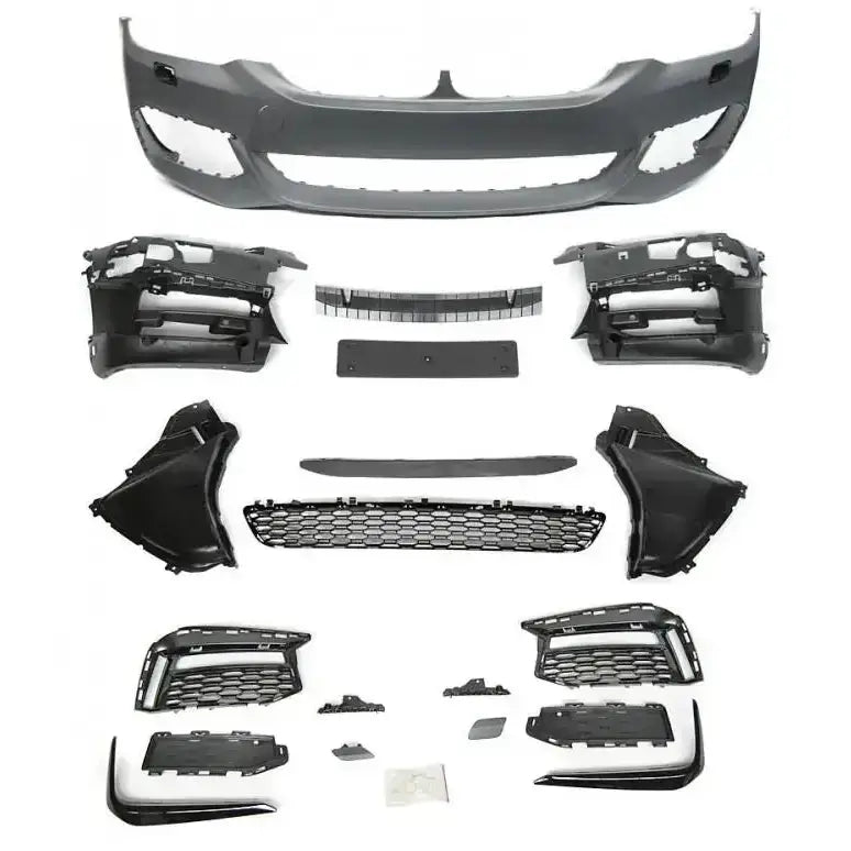 Front bumper sett til BMW G30 G31 M-Tech Style med grill, luftinntak og deksler vist ovenfra.