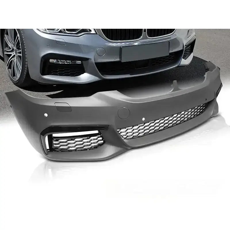 Støtfanger foran Bmw G30 G31 M-Tech Style i grå plast med sølvfarget gitter, sett forfra.