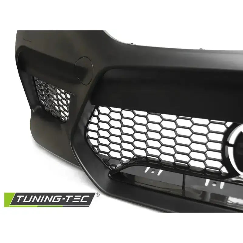 Frontbumper til BMW G30 G31 M5 Style, sort plast med sekskantmønster og matt finish, sett skrått forfra.
