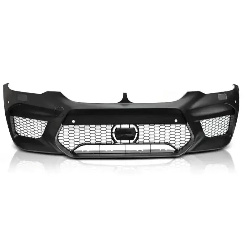 Front bumper til BMW G30 G31 M5 Style med sekskantet grillmønster og store luftinntak, sett forfra.