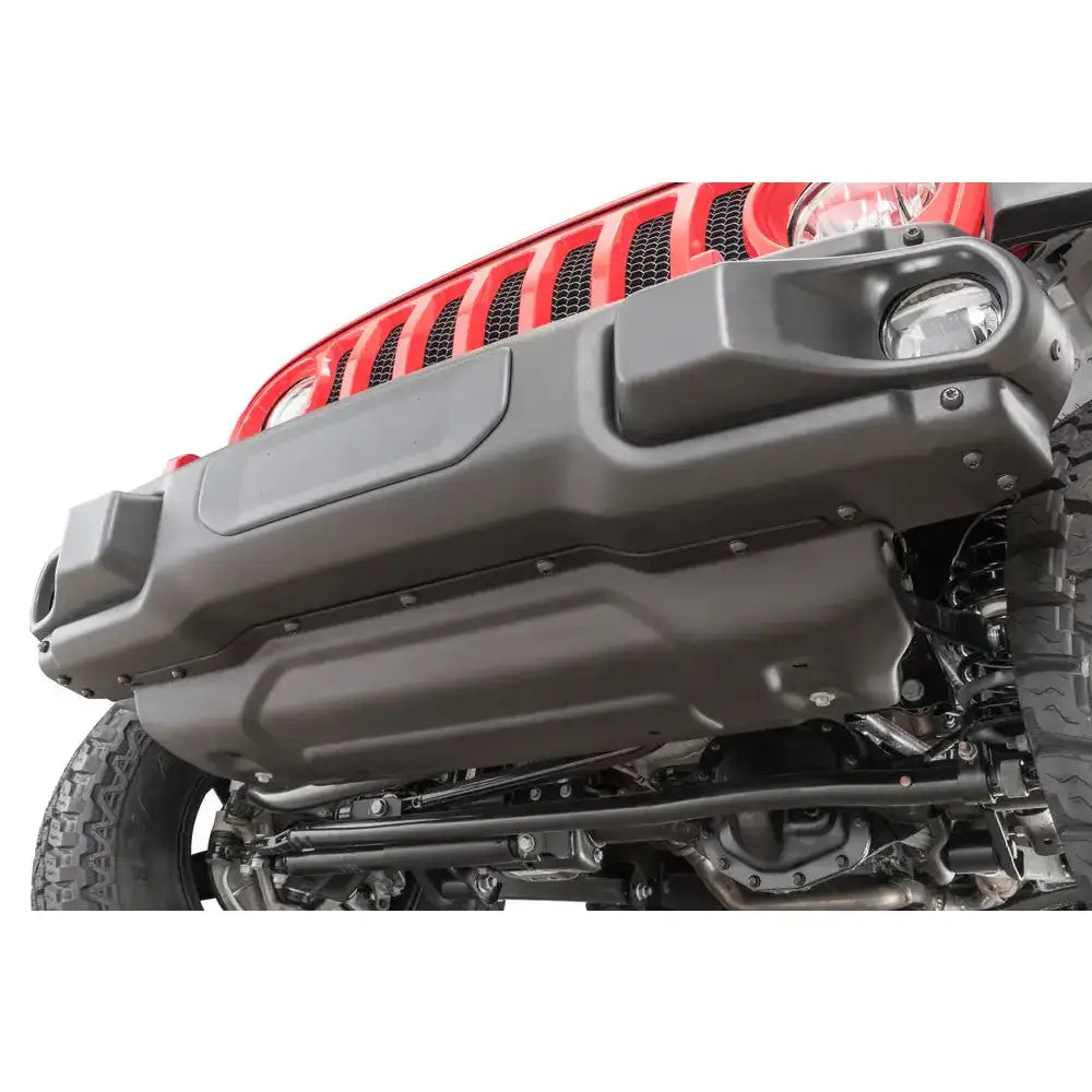 Front bumper for Jeep Wrangler JL 2018, sort plast og metall sett fra undersiden med røde detaljer.