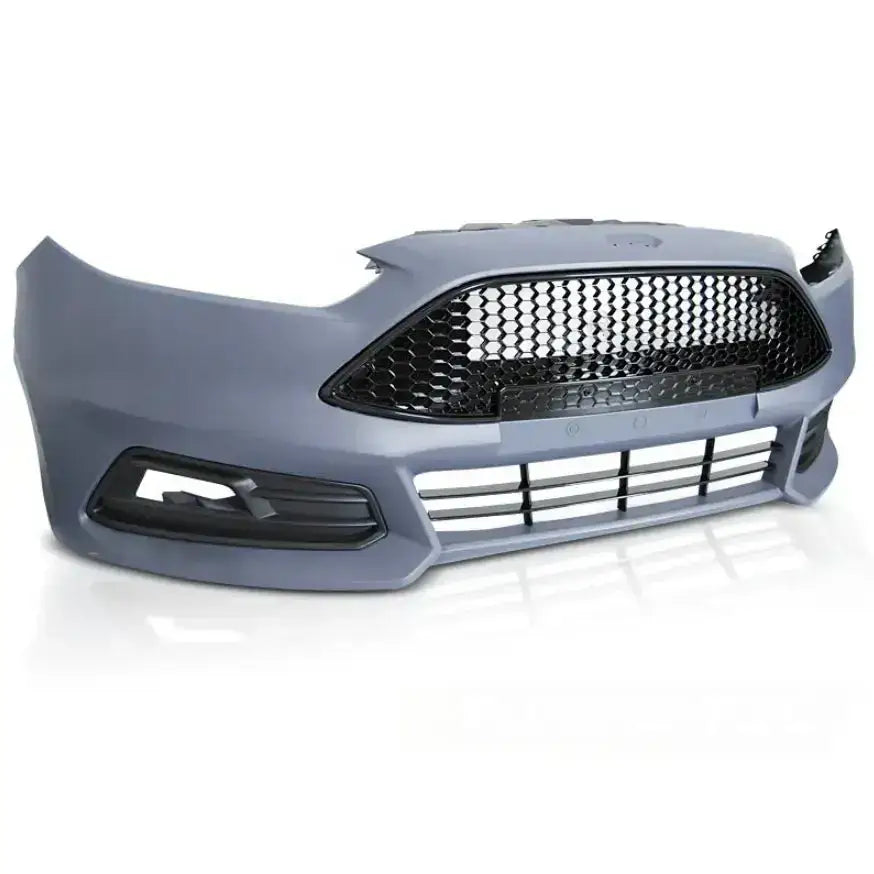 Støtfanger foran til Ford Focus 15-18 Sport ST i grå plast med stor sort bikubemønstret grill.
