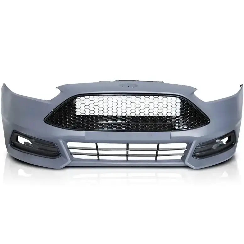 Front bumper til Ford Focus 15-18 Sport ST, grå plast med sort sekskantet grill sett forfra.