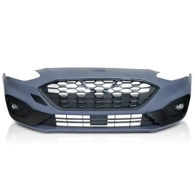 Front bumper til Ford Focus 18-21 Sport STL i mørk grå plast med sort grill og integrerte tåkelys.