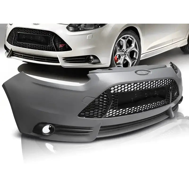 Støtfanger foran Ford Focus Mk3 ST Style i grå plast med sort bikubemønstret grill, sett forfra.