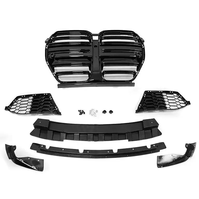 Front bumper komplett sett med sorte grilldeler og luftinntak for BMW F30/F31, sett ovenfra.