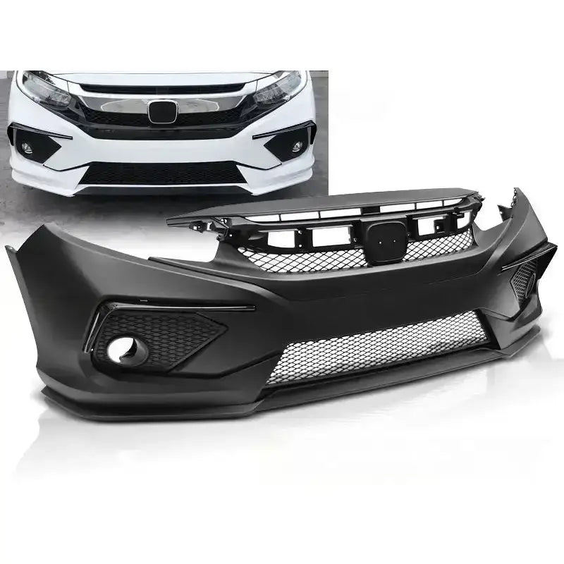 Støtfanger foran Honda Civic X 16-18 sedan, sort plast med nettgrill og store luftinntak, montert på bil.