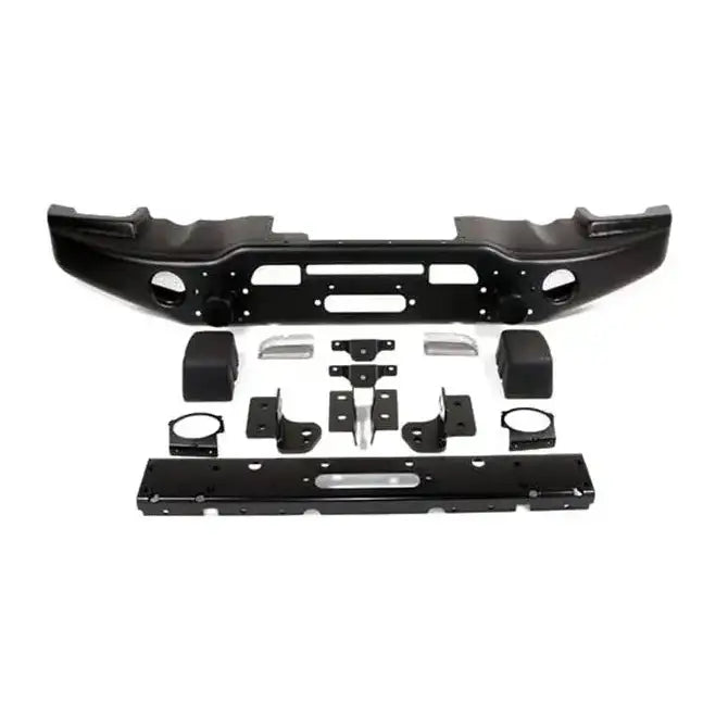 Støtfanger foran til Jeep Wrangler JK 07-17 i sort pulverlakkert stål med monteringsbraketter, sett ovenfra.