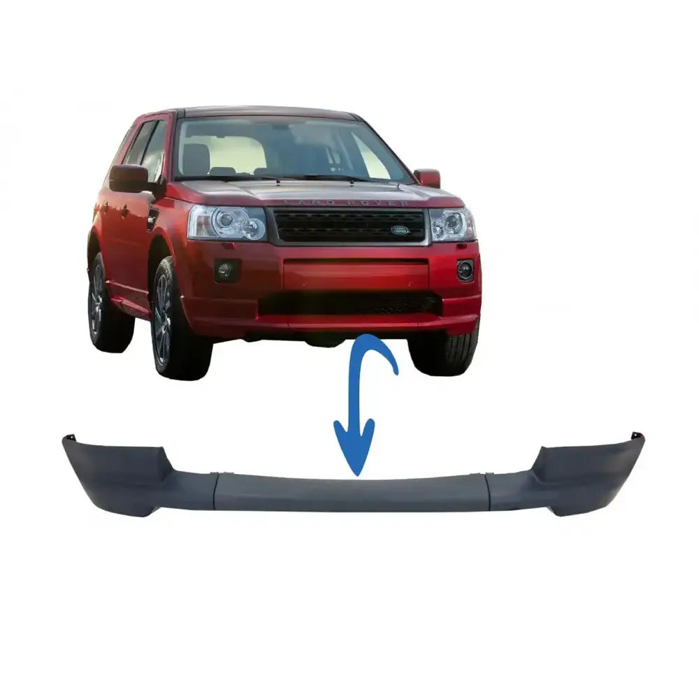 Støtfanger foran til Land Rover Freelander 04-14, svart plastspoiler vist under rød SUV med blå pil.