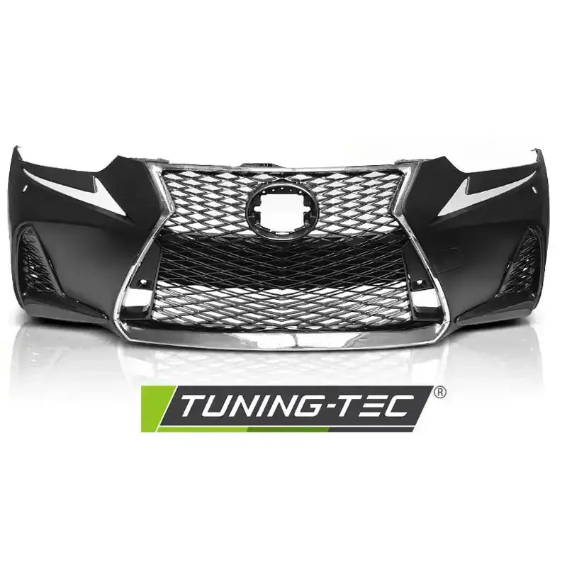 Front bumper til Lexus IS III 17- F-Sport Look med sølv bikubemønstret grill og kromdetaljer.