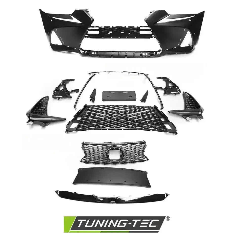 Front bumper Lexus IS III F-Sport Look PDC komplett sett med svarte deler sett ovenfra på hvit bakgrunn.