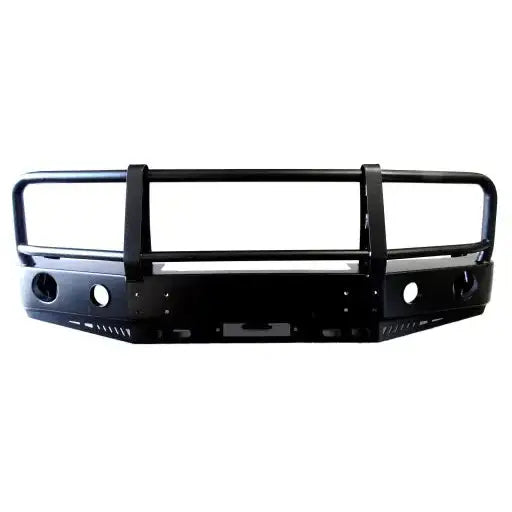 Støtfanger foran til Land Rover Discovery II med bullbar, sort metall og grillbeskytter, sett forfra.