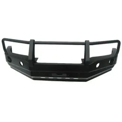 Støtfanger foran til Nissan Patrol Y61 05-13 i sort metall med bullbar, sett forfra med hjørnebeskyttere.