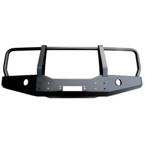 Støtfanger foran til Toyota Land Cruiser J70 med bullbar, sorte rør og festepunkter sett forfra.