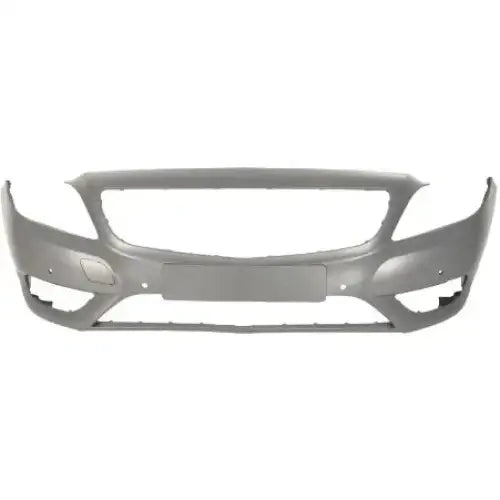 Støtfanger foran til Mercedes B Klasse W246 11-14, grå plast med hull til sensorer, grill og tåkelys.