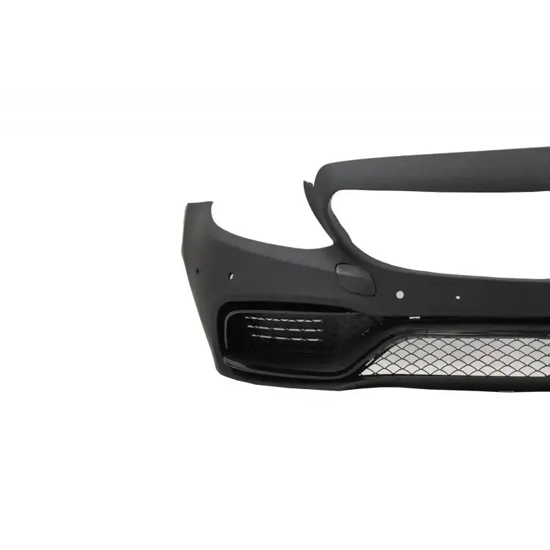 Front bumper til Mercedes C-Klasse W205 coupe, sort matt plast med nettmønster og luftinntak, skrå venstre vinkel.
