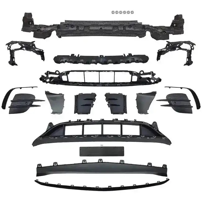 Front bumper sett til Mercedes E-Klasse W213 2020-2023 Sport Pdc, sorte plast- og metalldeler.