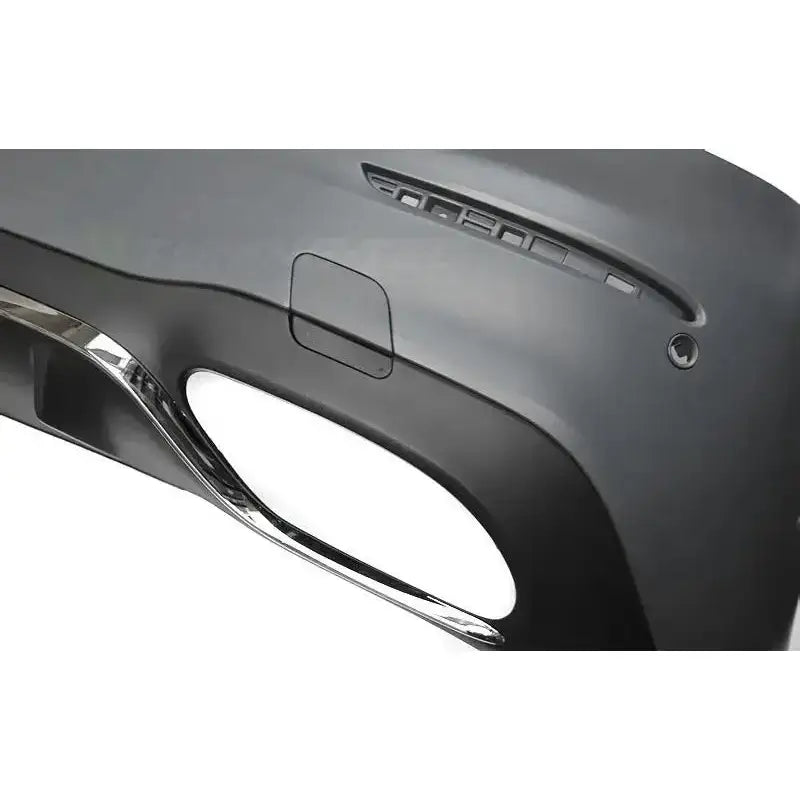 Frontbumper til Mercedes E-Klasse W213 AMG Style med PDC, matt svart finish og kromdetaljer.