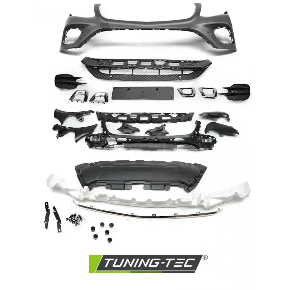 Front bumper komplett sett til Mercedes GLC W253 15-18 AMG look, sort plast, sett ovenfra.