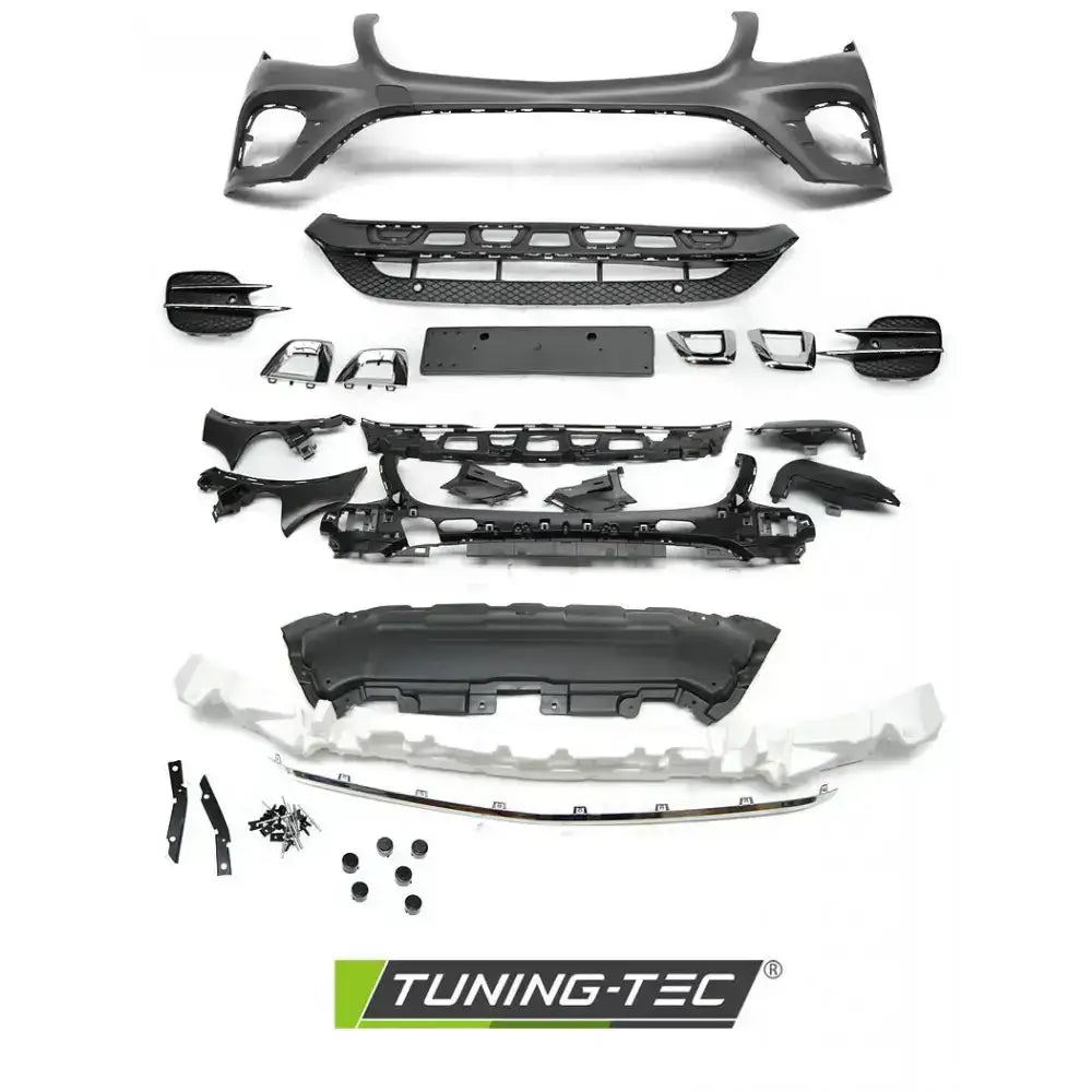 Front bumper komplett sett til Mercedes GLC W253 15-18 GLC43 AMG Style, sort og grå plast, sett ovenfra.