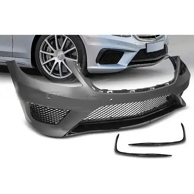 Støtfanger foran Mercedes S-Klasse W222 AMG S63, sort plast med netting, ekstra deler og bil i bakgrunnen.