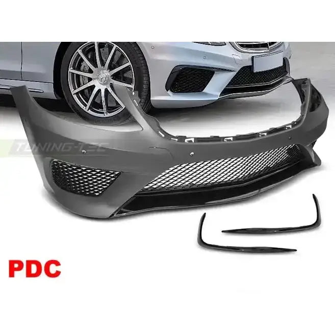 Frontfanger Mercedes S-Klasse W222 AMG S63 matt grå med sort netting og løse svarte lister, sett forfra.