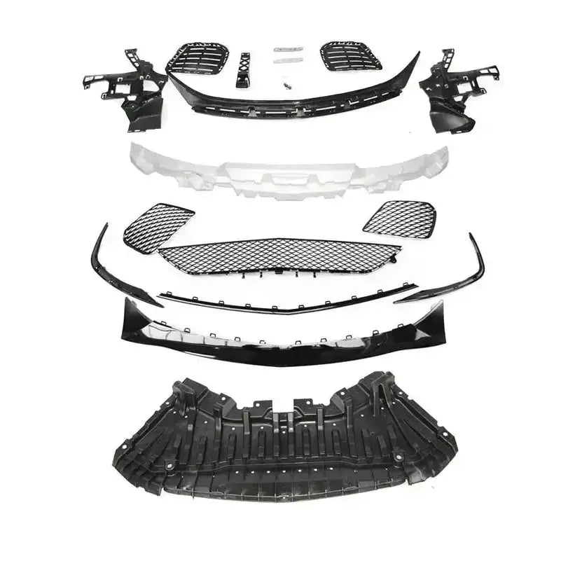 Støtfanger foran Mercedes S-Klasse W222 13-17 AMG S63 med tilhørende plastdeler vist adskilt.