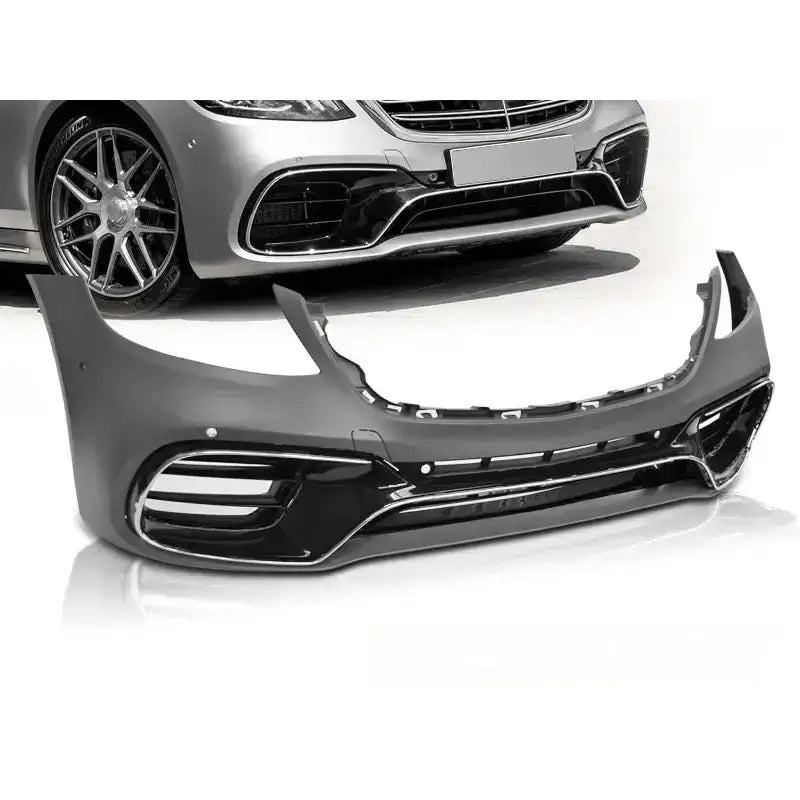 Støtfanger foran Mercedes S-Klasse W222 AMG S63 med sølv luftinntak, sett fra skrå vinkel.