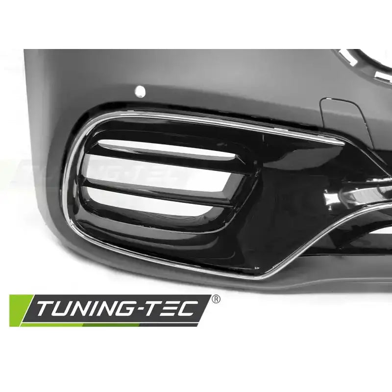 Frontbumper Mercedes S-Klasse W222 AMG S63, nærbilde av blank svart grill med kromkant.