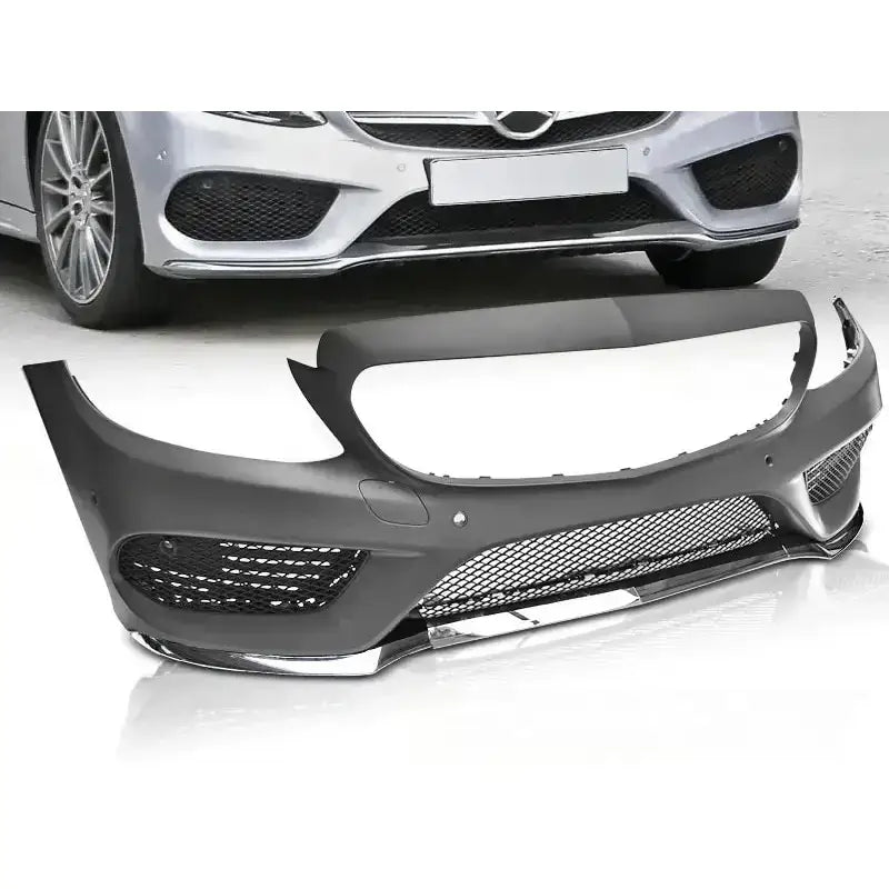 Frontfanger Mercedes W205 14- AMG Style PDC med luftinntak og sølvdetaljer, sett skrått forfra.