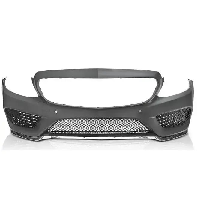 Front bumper til Mercedes W205 14- AMG Style PDC med sort plast, nettinggitter og sporty linjer, sett forfra.