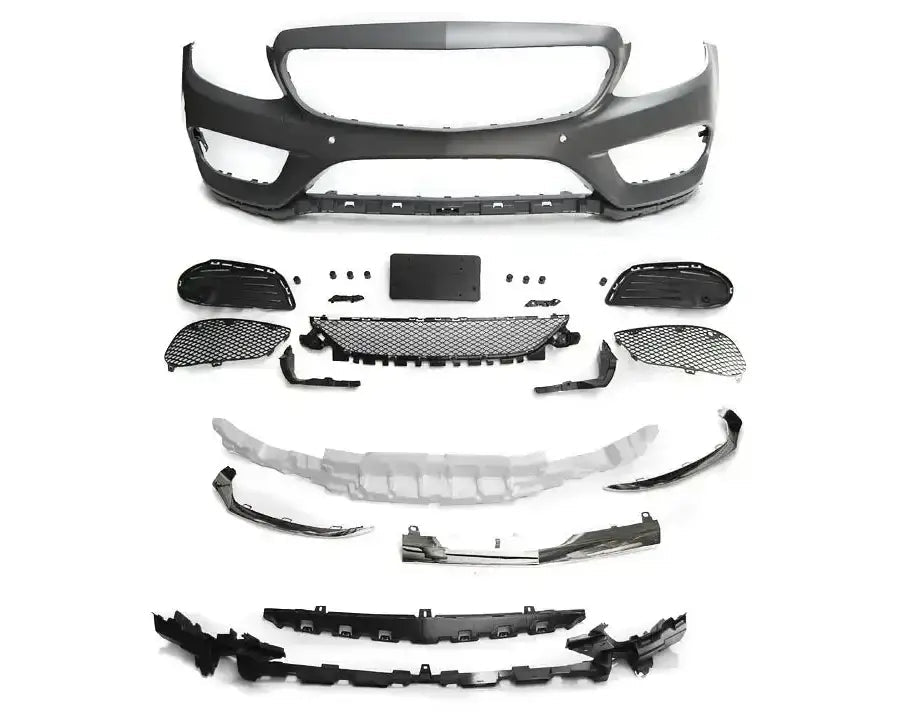 Støtfanger foran Mercedes W205 14- AMG Style PDC sett med grill- og festekomponenter, sett ovenfra.