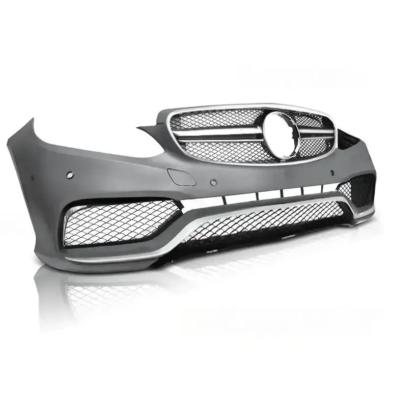 Støtfanger foran til Mercedes W212 E63 AMG Style i matt grå plast med nettinggitter og kromkant.