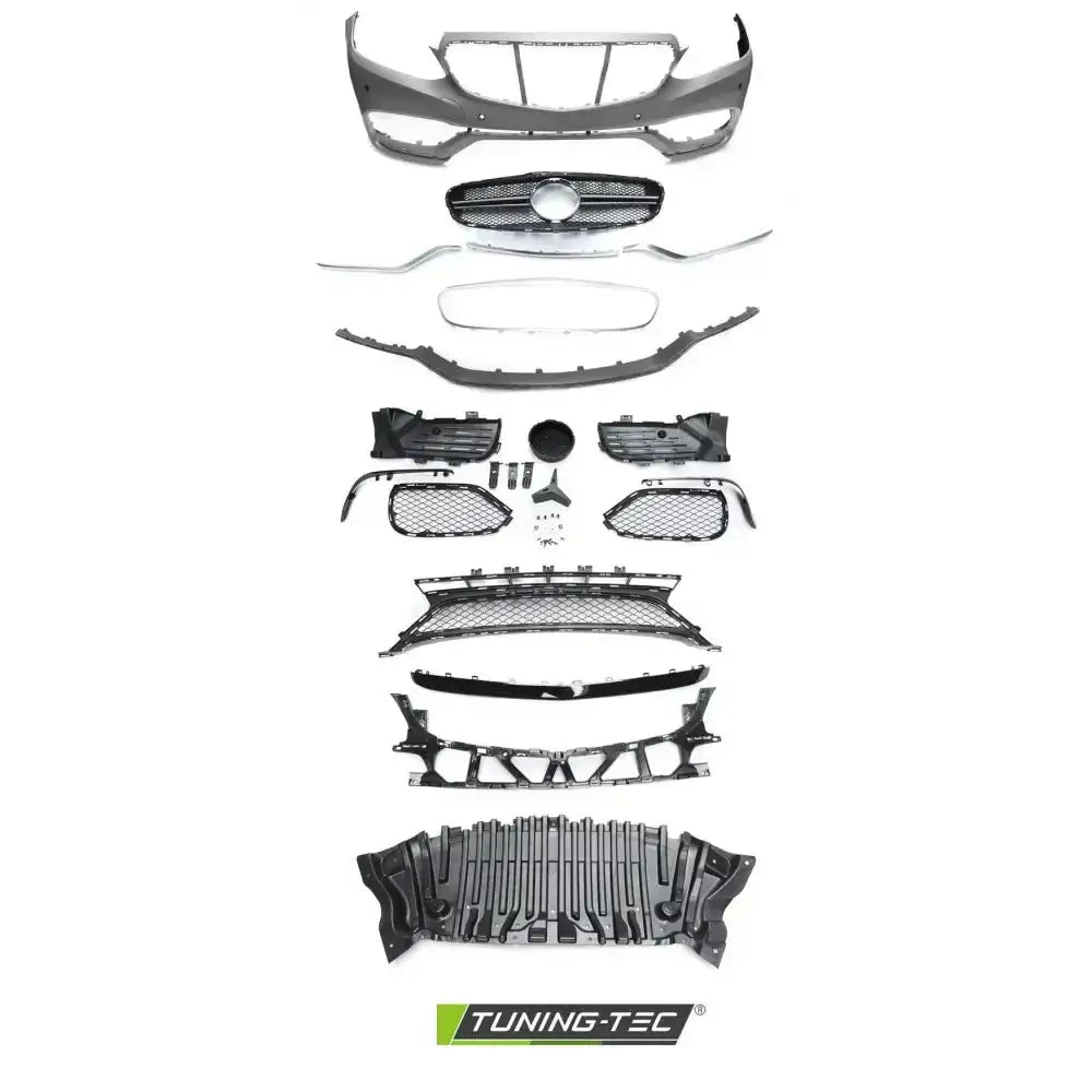 Frontbumper komplett sett for Mercedes W212 E63 AMG Style med gitter, sort og sølv, sett ovenfra.