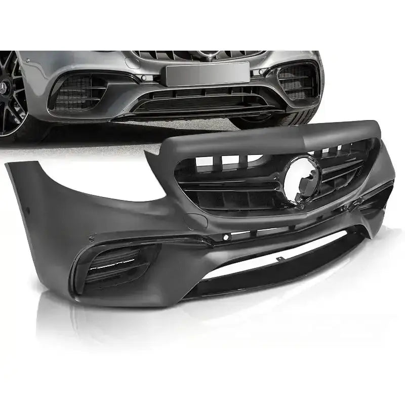 Støtfanger foran Mercedes W213 E43 AMG Style sort plast med luftinntak og grill montert på bil.