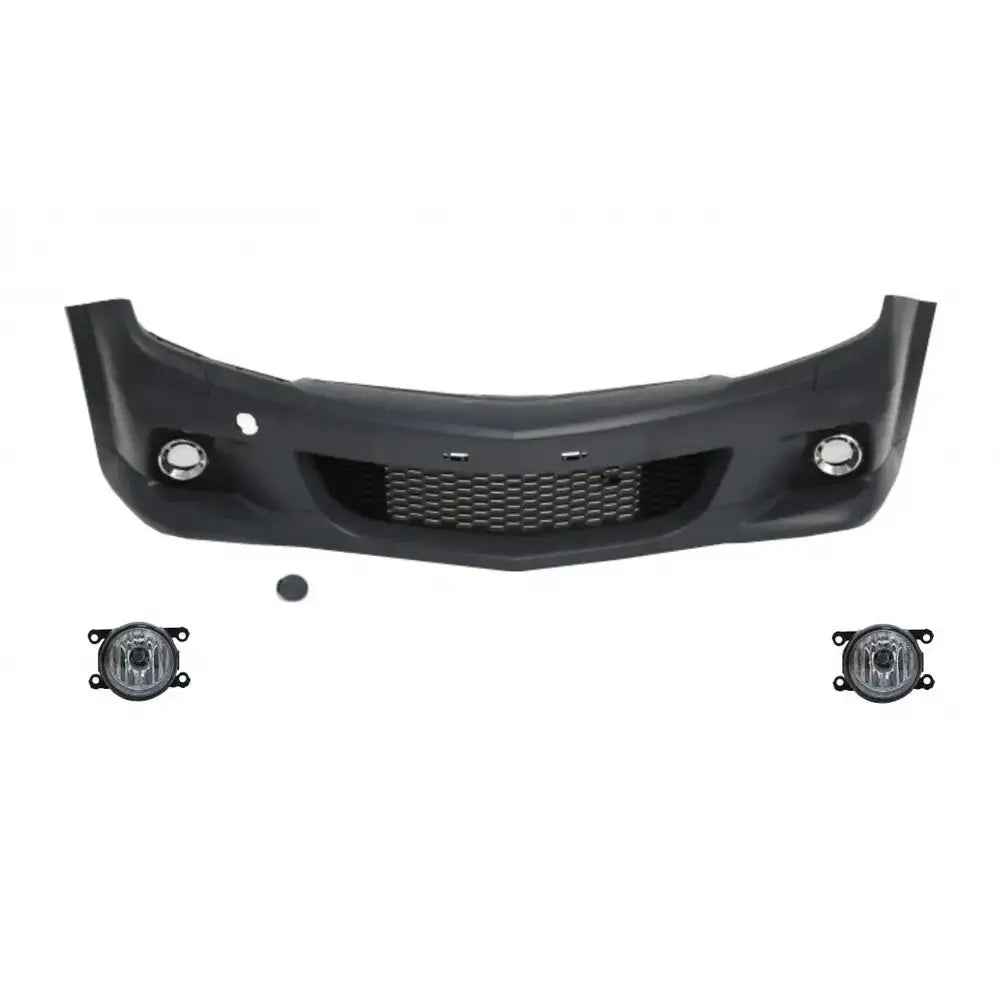 Støtfanger foran Opel Astra H 05-10 stasjonsvogn, sort plast med tåkelys og grillfelt, sett forfra.